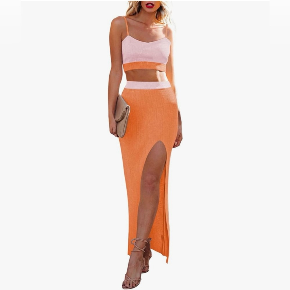 Women's Knit 2 pc Cami Crop Top High Side Slit Bodycon Long Skirt Set sz SMALL